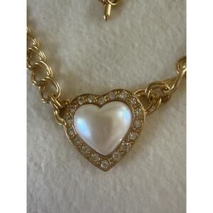 VTG Signed AVON GT Puffy Faux Pearl & Clear Rhinestone HEART Pendant Necklace